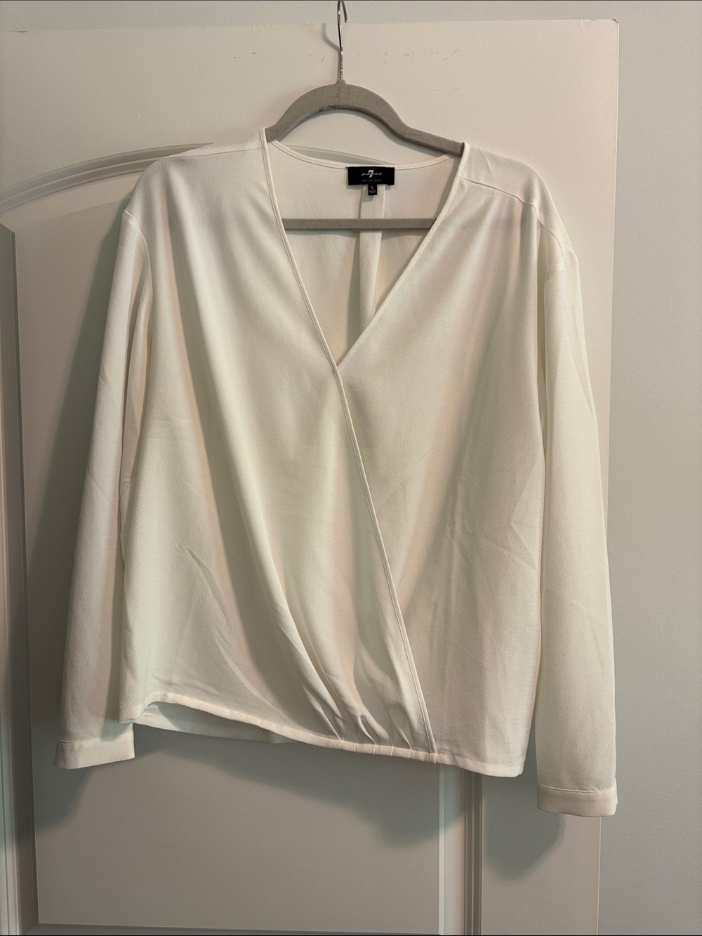 7 For All Mankind White Faux-Wrap Long Sleeve Blouse